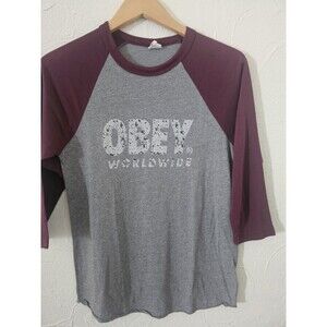 Obey Worldwide Men’s Size S Gray & Maroon 3/4 Sleeve Baseball Style Shirt